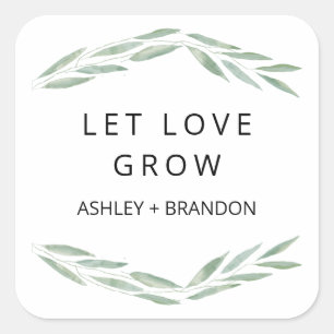 Sage Greenery Let Love Grow Stickers, Wedding Gift Square Sticker
