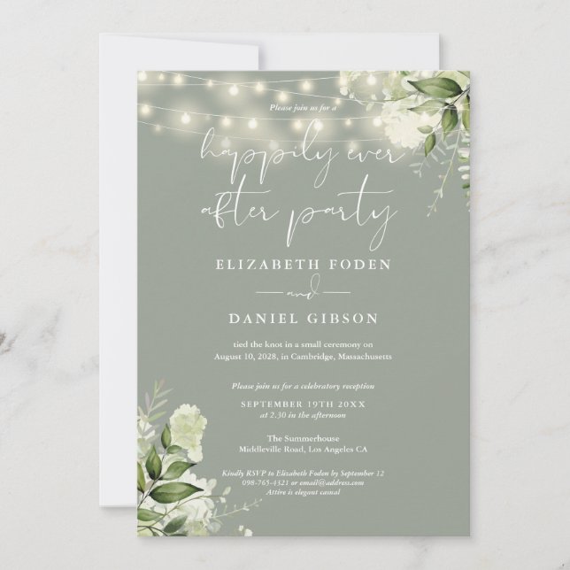 Sage Greenery Lights Happily Ever After Wedding Invitation (Front)