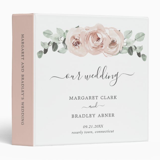 Sage Greenery Pink Floral Dusty Rose Wedding 3 Ring Binder (Front/Spine)
