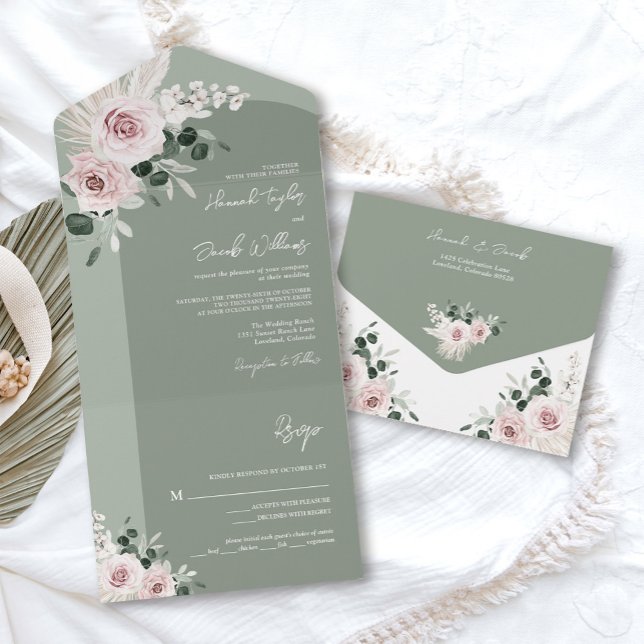 Sage Greenery Pink Floral Dusty Rose Wedding All In One Invitation (sage green pink floral rose wedding invitation)
