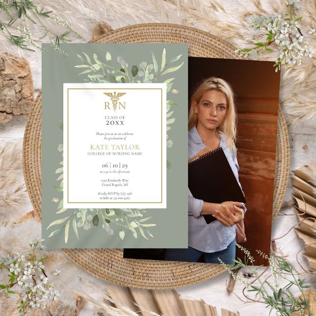 Sage Greenery RN Nursing Graduation Photo Invitation (Sage Greenery RN Nursing Graduation Photo Invitation)