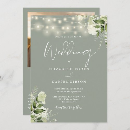 Sage Greenery String Lights QR Code Photo Wedding Invitation