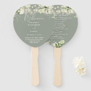 Sage Greenery String Lights Wedding Program Heart Hand Fan