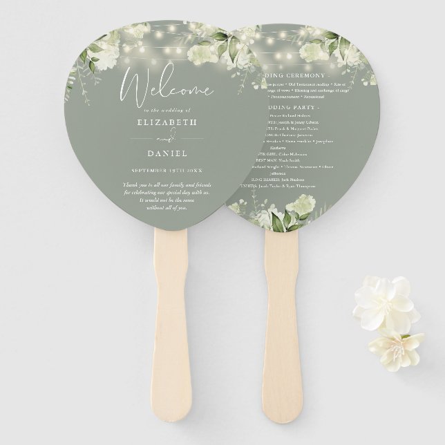 Sage Greenery String Lights Wedding Program Heart Hand Fan (Front and Back)