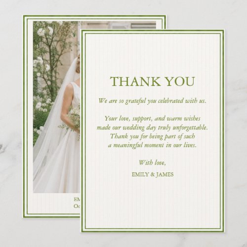 Sage Greenery Striped Photo Wedding Thank You Card
