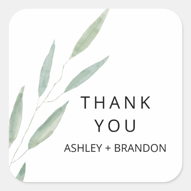 Sage Greenery Thank You Stickers, Wedding Favor Square Sticker (Front)