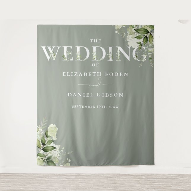 Sage Greenery Typography Wedding Photo Backdrop (Front)