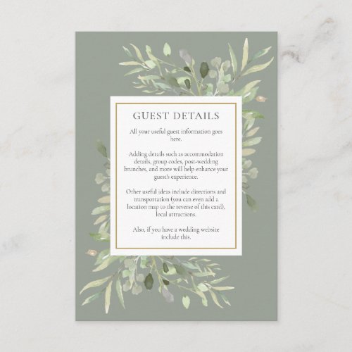 Sage Greenery Wedding Accommodation Guest Details Enclosure Card