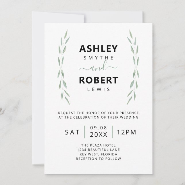 Sage Greenery Wedding Invitation, Botanical Invitation (Front)
