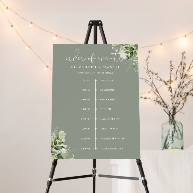 Sage Greenery Wedding Itineray Timeline Sign (In Situ (Stand))