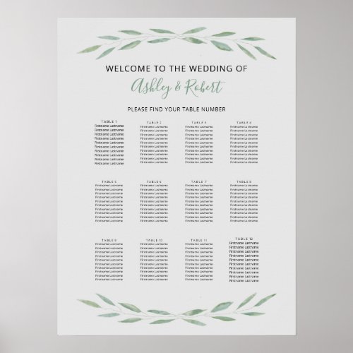 Sage Greenery Wedding Seating Chart Botanical Poster