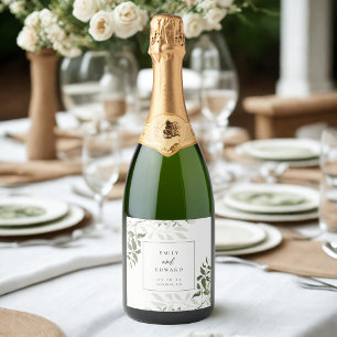 Sage Greenery & White Floral Wedding Wine Bottle Sparkling Wine Label