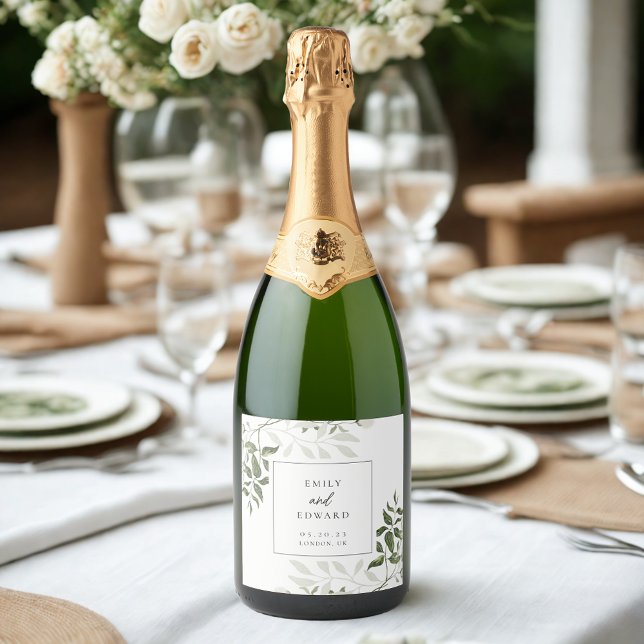 Sage Greenery & White Floral Wedding Wine Bottle Sparkling Wine Label (Creator Uploaded)