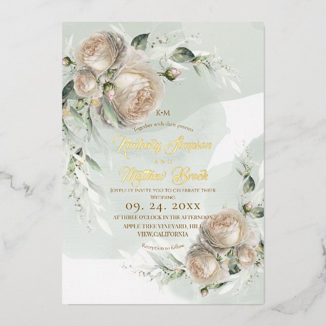 Sage Greenery White Rose Wedding Foil Invitation (Front)