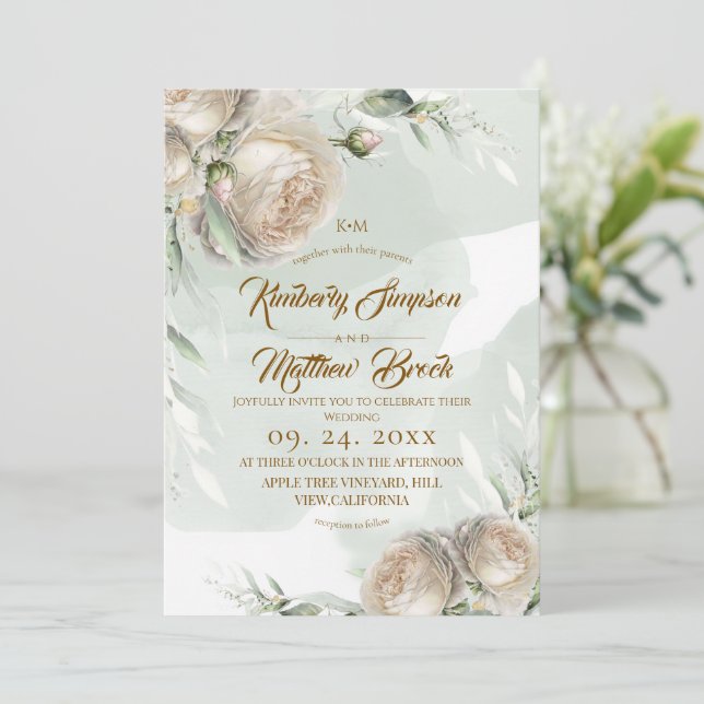 Sage Greenery White Rose Wedding Invitation (Standing Front)