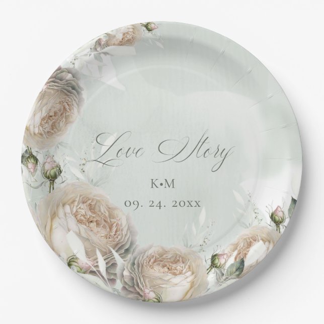 Sage Greenery White Rose Wedding Paper Plates (Front)
