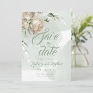 Sage Greenery White Rose Wedding Save The Date