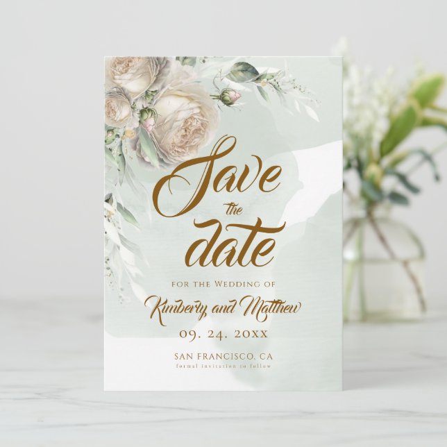 Sage Greenery White Rose Wedding Save The Date (Standing Front)