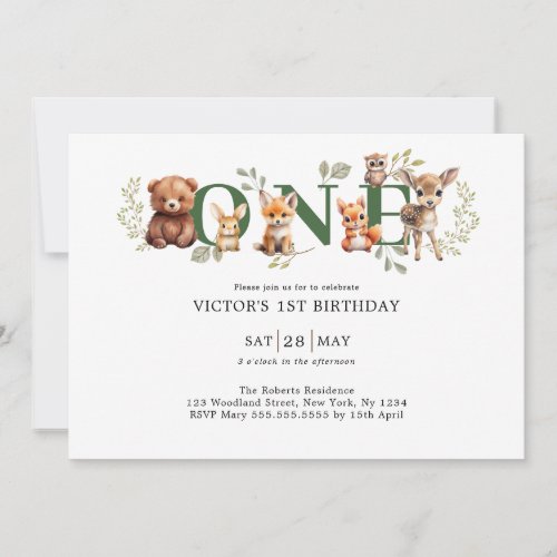 Sage Greenery Woodland Animals 1st First Birthday Invitation