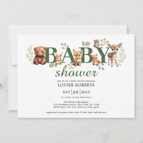 Sage Greenery Woodland Animals Neutral Baby Shower Invitation