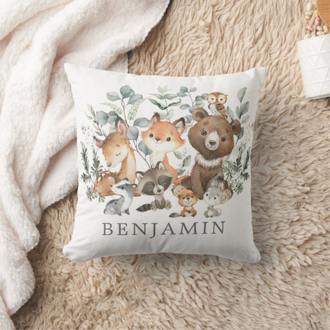 Sage Greenery Woodland Forest Animals Baby Nursery Throw Pillow (Blanket)