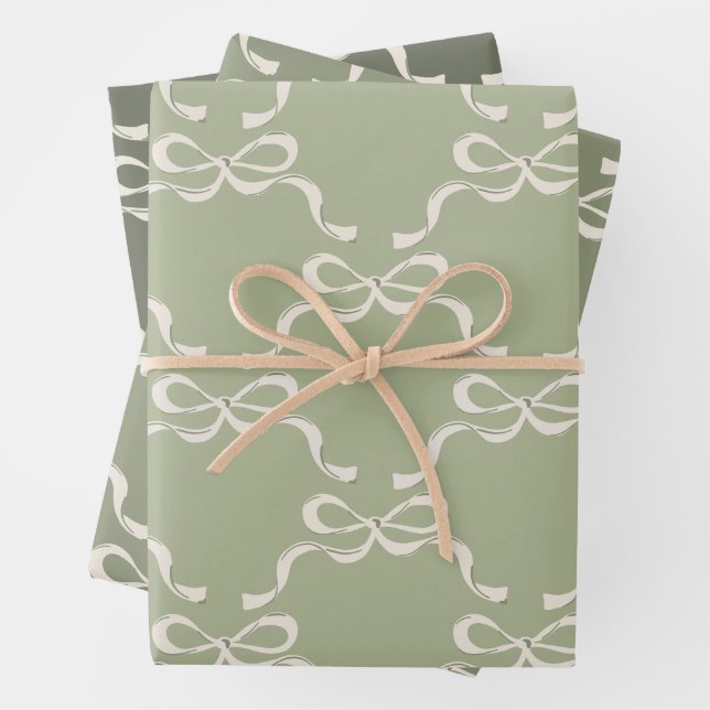 Sage Greens & Cream Ribbons Bows  Wrapping Paper Sheets (In situ)