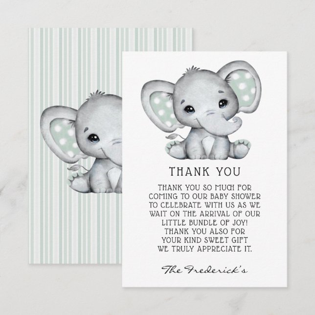 Sage Grey Elephant Baby Shower Thank You Card (Front/Back)