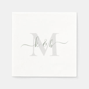 Sage & Grey Monogram Swash Script White Cocktail Napkins