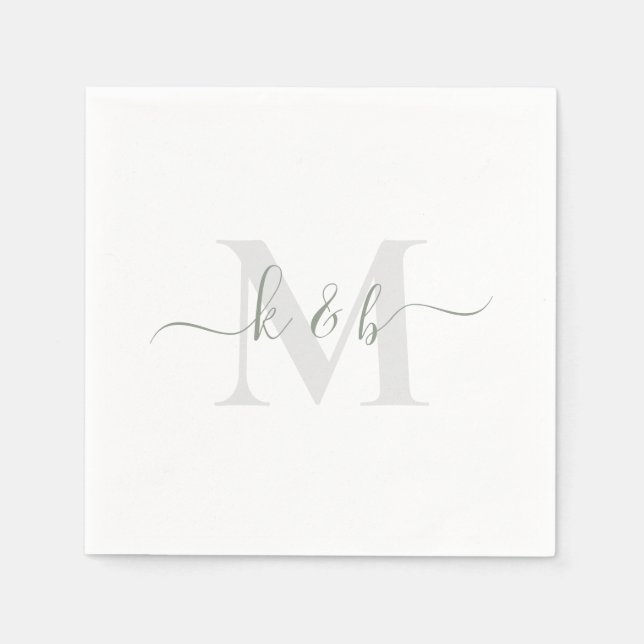 Sage & Grey Monogram Swash Script White Cocktail  Napkins (Front)