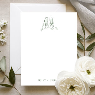 Sage Hand Drawn Cheers Glasses Wedding Stationary Note Card