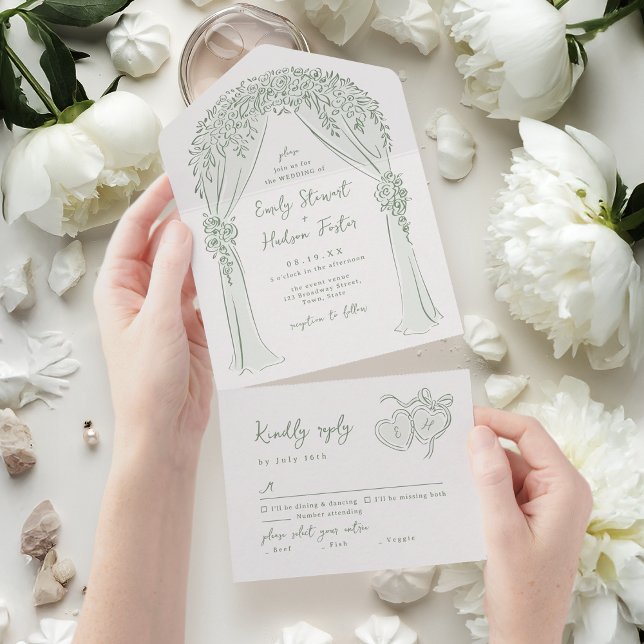 Sage Hand Drawn Floral Arch Whimsical Wedding All In One Invitation (Sage Hand Drawn Floral Arch Whimsical Wedding All In One Invitation)