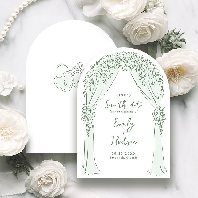 Sage Hand Drawn Floral Arch Whimsical Wedding Save The Date (Sage Hand Drawn Floral Arch Whimsical Wedding Save The Date)