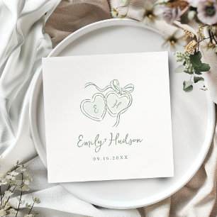 Sage Hand Drawn Hearts Monogram Whimsical Wedding Napkins