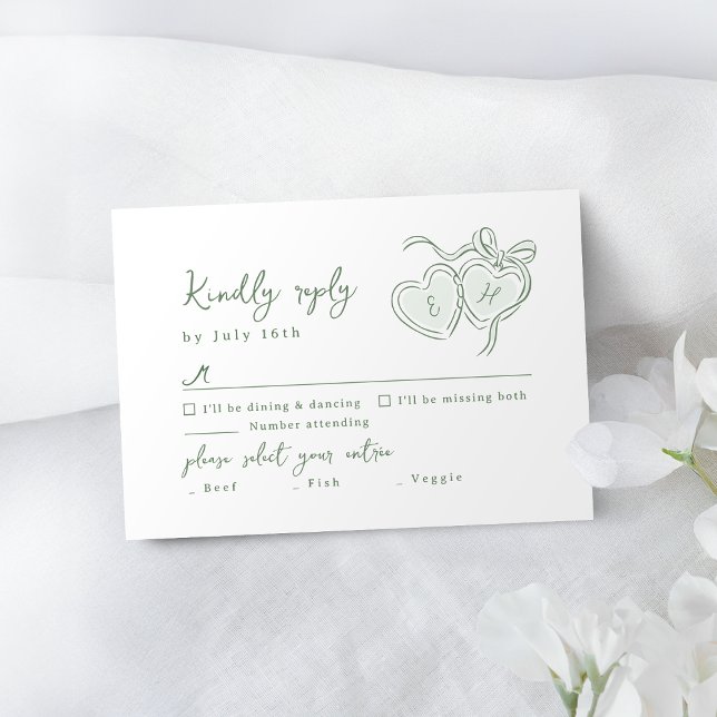 Sage Hand Drawn Hearts Monogram Whimsical Wedding RSVP Card (Sage Hand Drawn Hearts Monogram Whimsical Wedding RSVP Card)