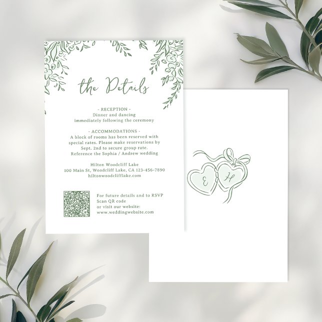 Sage Hand Drawn Monogram Whimsical Wedding Details Note Card (Sage Hand Drawn Monogram Whimsical Wedding Details Note Card)
