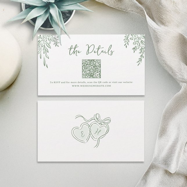 Sage Hand Drawn Whimsical Wedding QR code Details Place Card (Sage Hand Drawn Whimsical Wedding QR code Details Place Card)