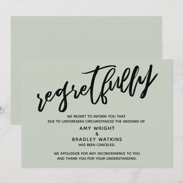 Sage, Handwriting Canceled Wedding Regrets Card (Front/Back)