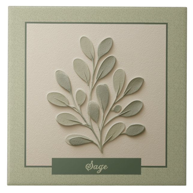 Sage Herb Kitchen Soft Green Faux Relief Ceramic Tile (Front)