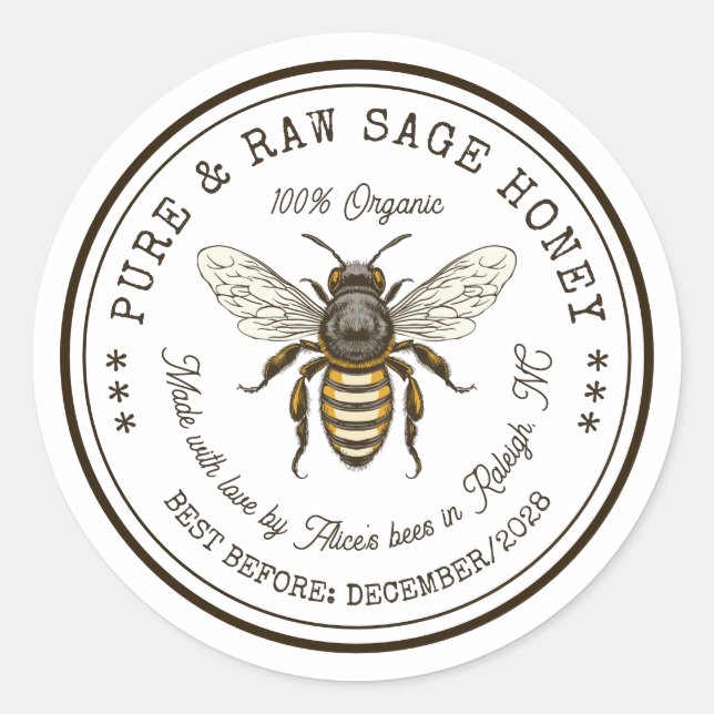 Sage honey canning sticker with vintage bee (Front)
