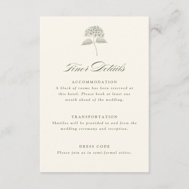 Sage Hydrangea Vintage Wedding Details Enclosure Card (Front)