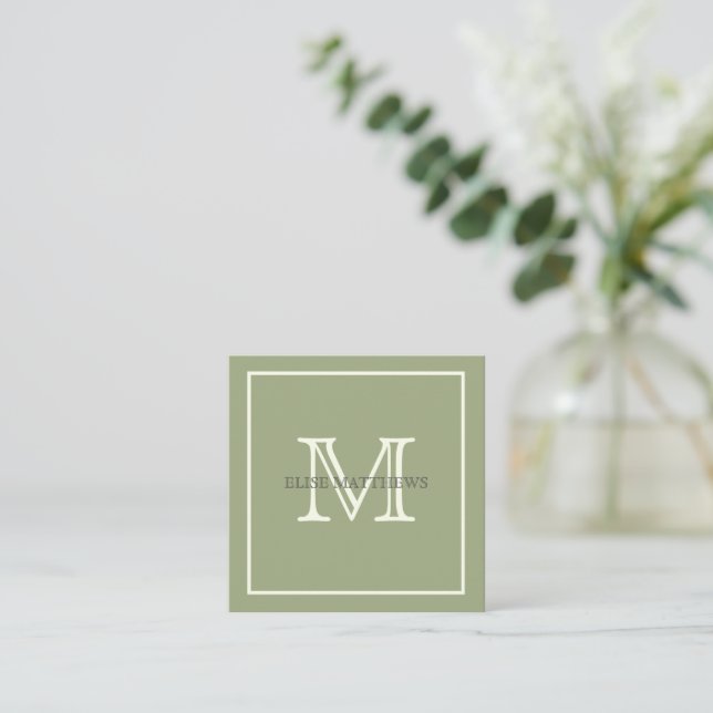 Sage & Ivory Custom Monogram Square Business Card (Standing Front)