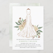 Sage Ivory Floral Wedding Dress Bridal Shower Invitation