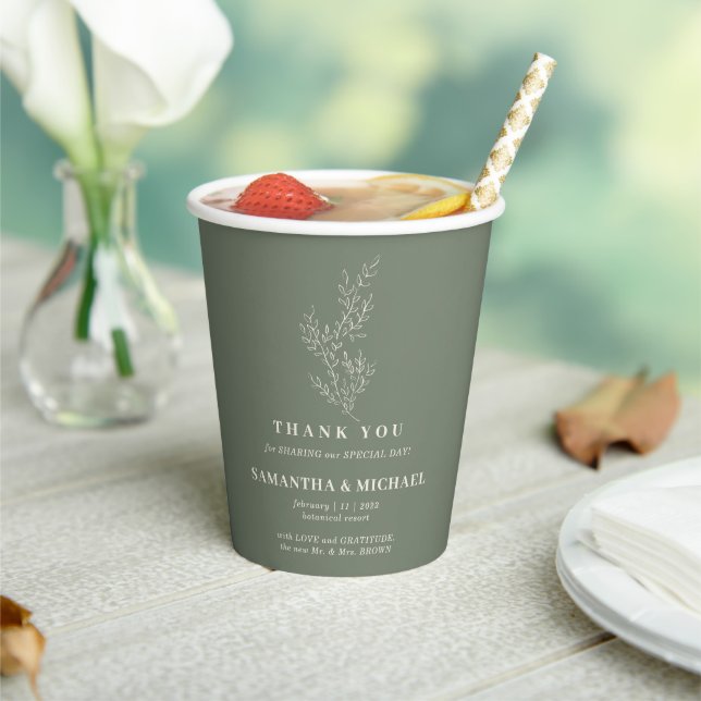 Sage Ivory Ivy Flower Minimal Drink Wedding Paper Cups (Insitu)
