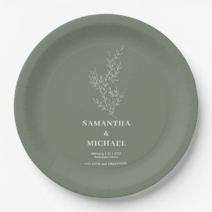 Sage Ivory Ivy Flower Modern Classy Wedding Paper Plates