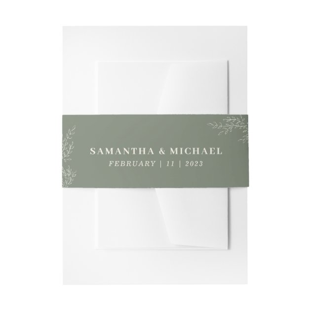 Sage Ivory Ivy Flower Monogram Elegant Invitation Belly Band