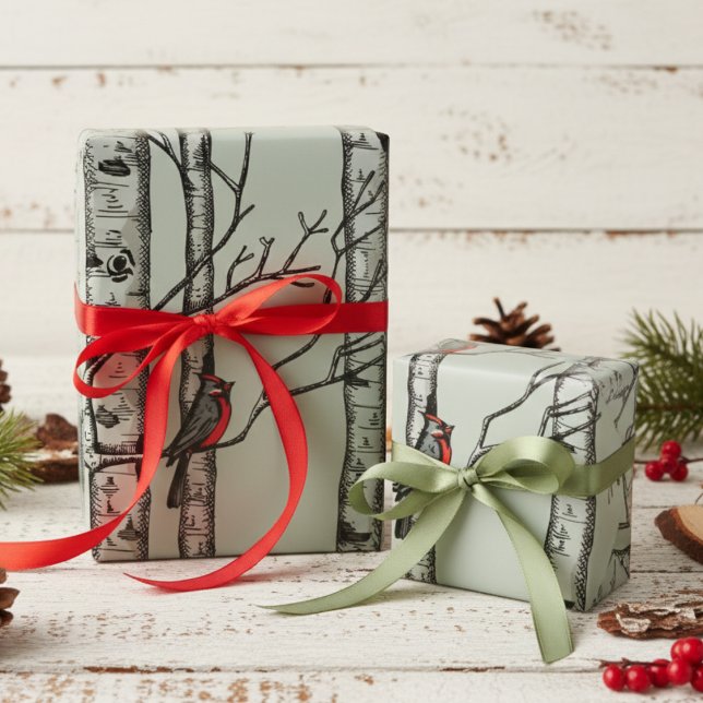 Sage Large Birch Trees and Red Cardinal Birds Wrapping Paper (Sage Green Winter Christmas Red Cardinal Wrapping Paper for Nature Lover. Elegant Birch Trees, Birds)