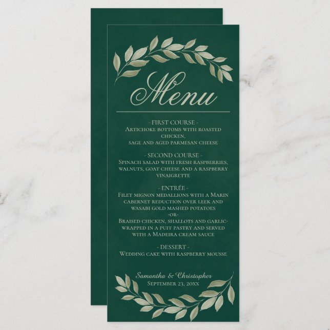 Sage Laurel Leaves Rustic Emerald Green Wedding Menu (Front/Back)