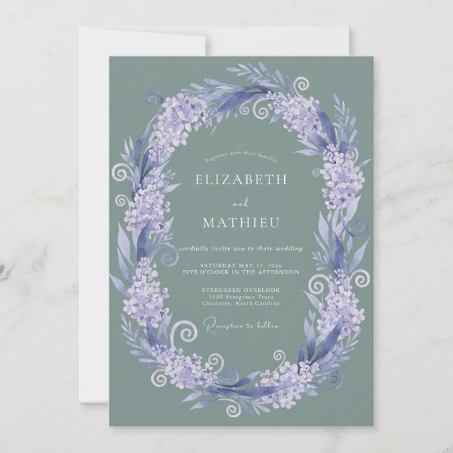 Sage Lavender Floral Wreath Wedding Invitation (Front)