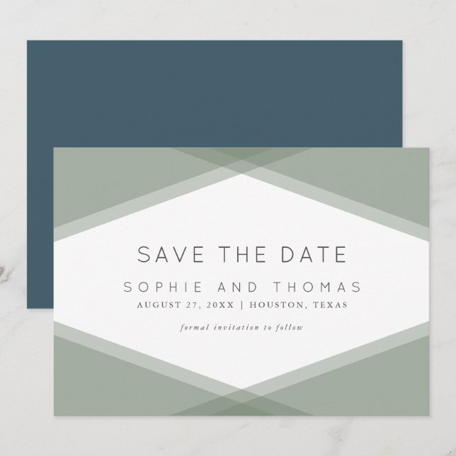 Sage Layered Geometric & Blue Slate Save the Date Invitation (Front/Back)