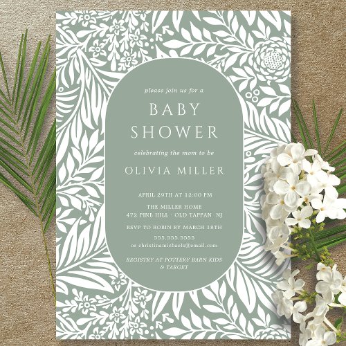 Sage Leaf Floral Baby Shower Invitation